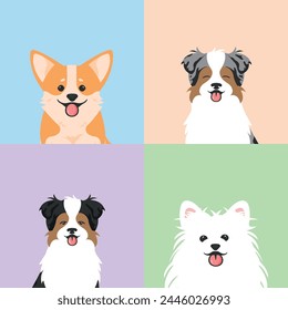 Set of funny dogs with corgi, spitz, Australian shepherd. Illustration with pet faces. Vector