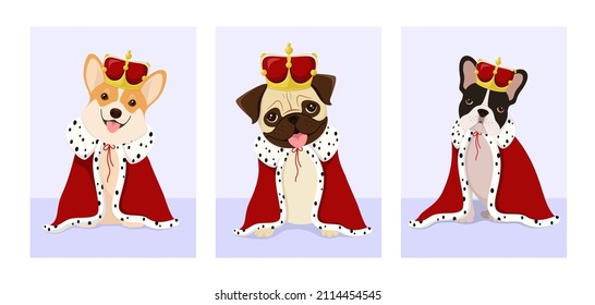 A Set Of Funny Dogs With Crowns In Royal Clothes. Cartoon Design.
