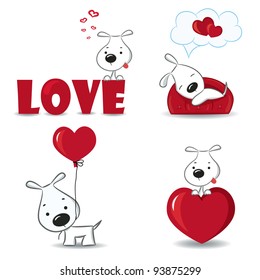 A set of funny dogs with hearts.Vector illustration.