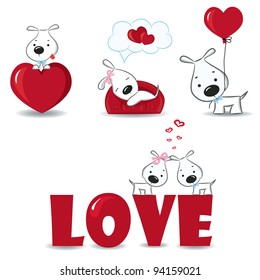 A set of funny dogs with hearts.Vector illustration.