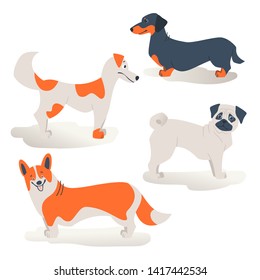 Set of funny dogs isolated on a white background. Dachshund,  Welsh Corgi,  pug cartoon vector illustration. Cute dogs with funny face