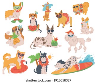 Set of funny dogs on summer vacation, flat vector illustration isolated on white background. Cartoon characters of dogs on a beach vacation with summer accessories.