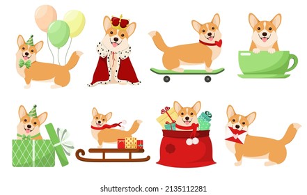 A set of funny dogs on a white background. Corgi. Cartoon design.
