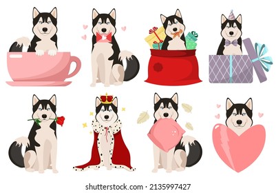 A set of funny dogs on a white background. Husky breed. Cartoon design.
