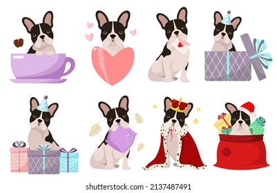 A set of funny dogs on a white background. Breed French bulldog. Cartoon design.
