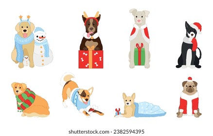 Set of funny dogs on white background. Christmas celebration