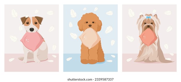 A set of funny dogs with pillows. Cartoon style.
