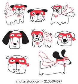 Set of funny dogs wearing super hero costumes. Outline vector illustration on white background. 