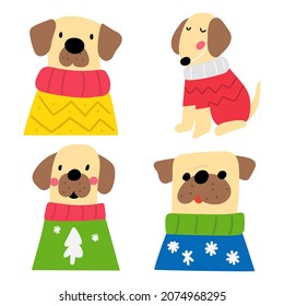 Set of funny dogs wearing ugly sweaters. Vector hand drawn illustrations on white background.