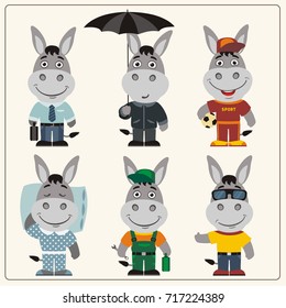 Set funny Donkey in different clothing: sportsman, worker, manager, summer, autumn, sleepwear. 