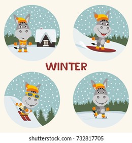Set of funny donkey is engaged in winter sports: on skis, skates, snowboard, stands near the house against the background of snowflakes.