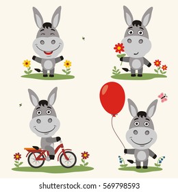 Set of funny donkey plays on meadow, on bicycle, with balloon and flower in cartoon style.