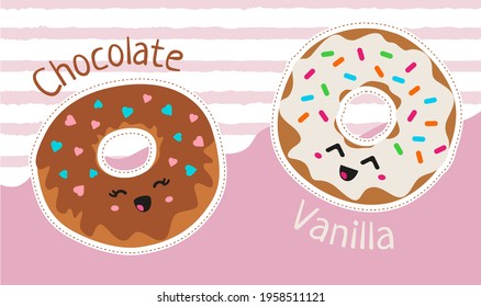 Set of funny donuts in kawaii style. Chocolate and vanilla donuts will smile. Sweet food on a pink background. For the decoration of children's parties.