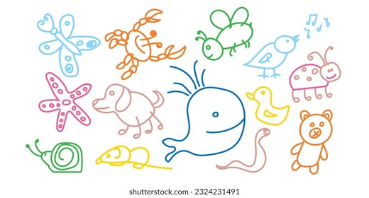 Juego de divertidos animales de garabatos. La colorida línea de los niños dibujaba graciosos personajes. Ilustración vectorial de jardines de infancia