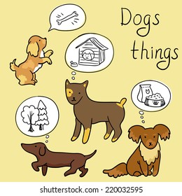 Set of funny doodle cartoon dogs - dogs things (vector)