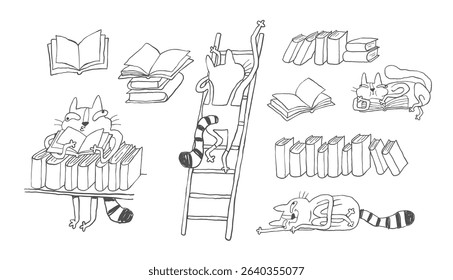Set of funny doodle cat characters in a bookshop, hand drawn minimalist line art