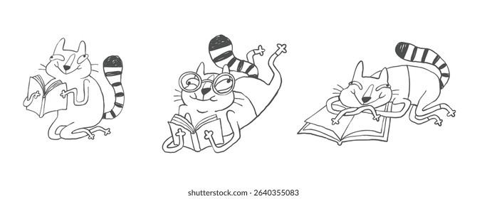 Set of funny doodle cat characters in a bookshop, hand drawn minimalist line art