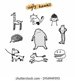 Set of funny doodle characters. Vector image for print, logo, stickers. 