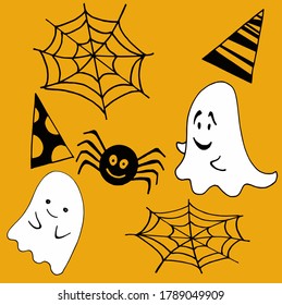 set of funny doodle elements for halloween: ghost, spider, spiderweb and candy
