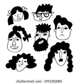 Set of funny doodle faces in freehand black and white style isolated on white. Concept of love and friendship, characters of people of different genders and ages with different emotions and moods. 