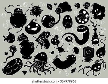 Set of funny doodle illustrations in black silhouette
