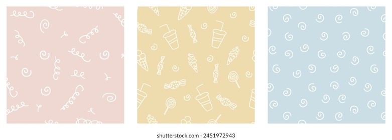 Set of funny doodle kids seamless patterns. Summer holidays, sweets. Hand drawn white outline illustration. Abstract scribble elements childish background