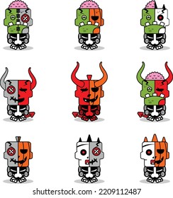 set of funny doodle monster skull horror party. halloween characters combination