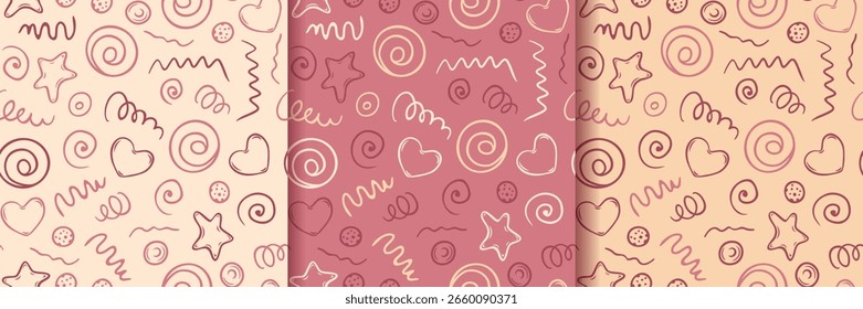 Set of funny doodle seamless patterns. Wrapping paper desing. Vector illustration.