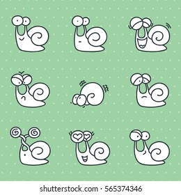 Set of funny doodle snails. Vector illustration.
