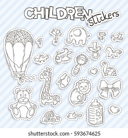 Set of funny doodle stickers for children. Tag collection. Hand drawn icons for baby shower or scrapbook.