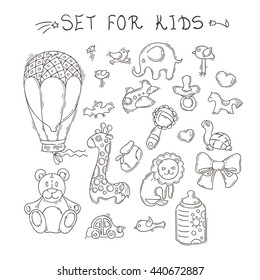 Set of funny doodle toys. Vector stickers collection. Hand drawn icons for baby shower or scrapbook.