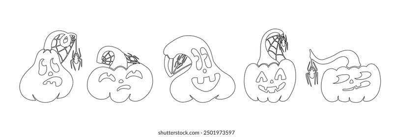 Set of funny doodles, coloring pages of autumn pumpkin characters with webs and spiders. Vector graphics.