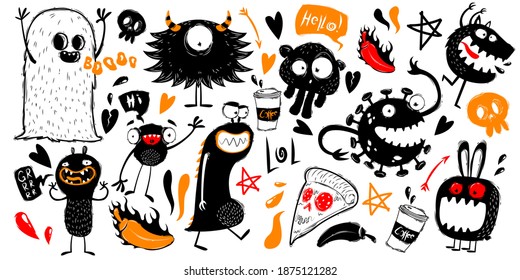 Set of funny doodles with monsters. Doodle monsters characters on white background. Monsters and ghosts hand draw style. Collection of monsters silhouettes. Vectro illustration