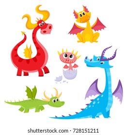 Set of funny dragon character, newborn baby, young and adult, cartoon vector illustration isolated on white background. Cute and funny, childish cartoon style dragon characters, small and adult