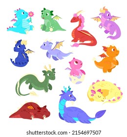 Set of funny dragon characters, newborn baby. Cute and funny, childish cartoon style of dragon kids creature mascots. Medieval legends and fairytales dino. Vector illustration