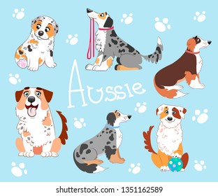 Set of funny drawn sitting dogs with a puppy. Color pet stickers.Australian Shepherd.Vector graphics.