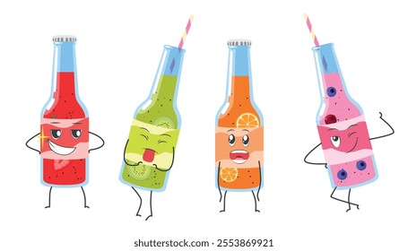 Set of funny drink bottle characters with straws in cartoon style. Vector illustration of fruit juice bottle characters: smiling brightly, showing tongue, cute, winking isolated on white background.