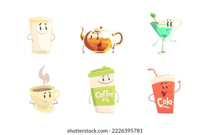 Set of funny drinks cartoon characters. Cute mugs, glasses and cups with milk, coffee, tea, cocktail drinks vector illustration