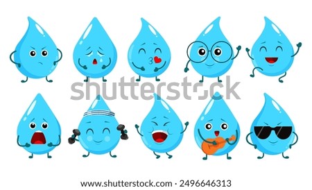 Set of funny droplet characters in cartoon style.Vector illustration of water droplets:hands on sides, crying, in love, wearing glasses, jumping, shouting, with dumbbells, happy, playing guitar, cool.