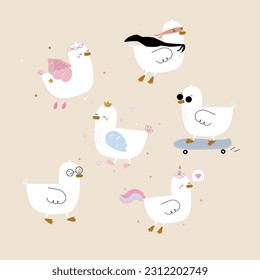 Set of funny duck characters. Childish graphic. Vector hand drawn illustration.