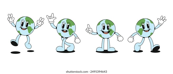 Set of funny earths in retro style. Groovy characters with faces, arms and legs. Vector illustration.