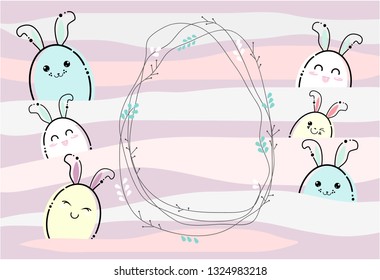Set of funny easter eggs with ears, emoticons and with winking eyes on a colorful pastel background. Vector illustration