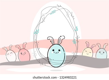 Set of funny easter eggs with ears, emoticons and with winking eyes on a colorful pastel background. Vector illustration