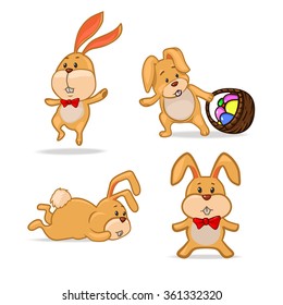 set of funny Easter rabbits, red bow tie, rabbit with basket full of  Easter eggs, Easter symbol