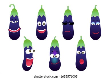 Set of funny eggplant character isolated on white background. Vector cartoon faces with various emotions.
