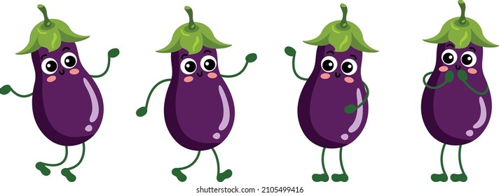 Set of funny eggplants in different positions
