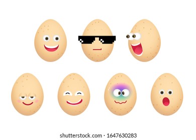 Set of funny eggs character isolated on white background. Vector cartoon faces with various emotions.