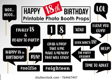 Set Of Funny Eighteenth Birthday Party Photobooth Props Vector Elements.