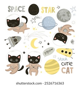 Set of funny elements clipart character cute black cat astronaut in space. stickers, badges, scrapbooking elements with cute cats