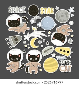 Set of funny elements clipart character cute black cat astronaut in space. stickers, badges, scrapbooking elements with cute cats